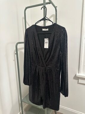 Mango Black Sequin V-Neck Wrap Romper